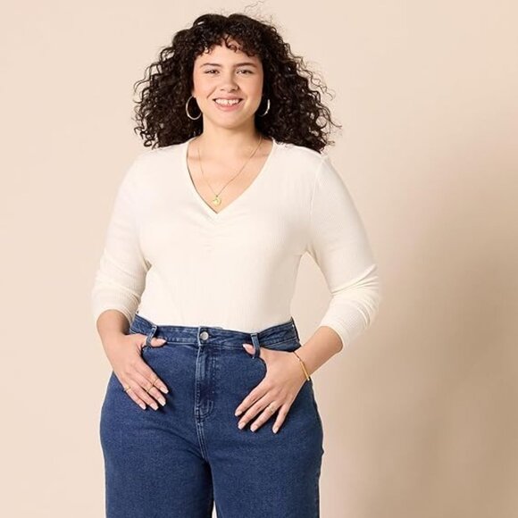 V-Neck Long Sleeve Knit Ribbed Top Pack Of 2 Eggshell White & Black Size 4X - Picture 2 of 13